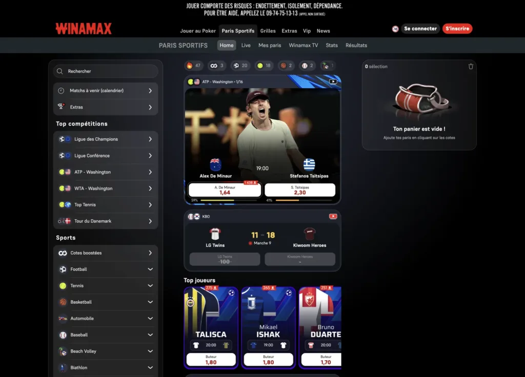 Winamax, en tête de notre comparatif des meilleurs sites de paris sportifs : page d'accueil et compétitions du jour
