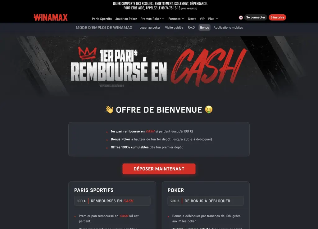 Offre de bienvenue de Winamax, premier de notre sélection des meilleurs sites de paris sportifs