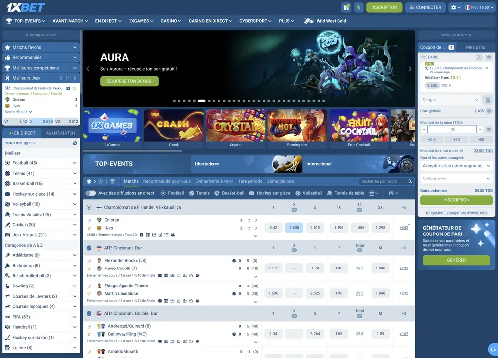 Page d'accueil de 1xBet, site de paris sportifs disponible en Afrique