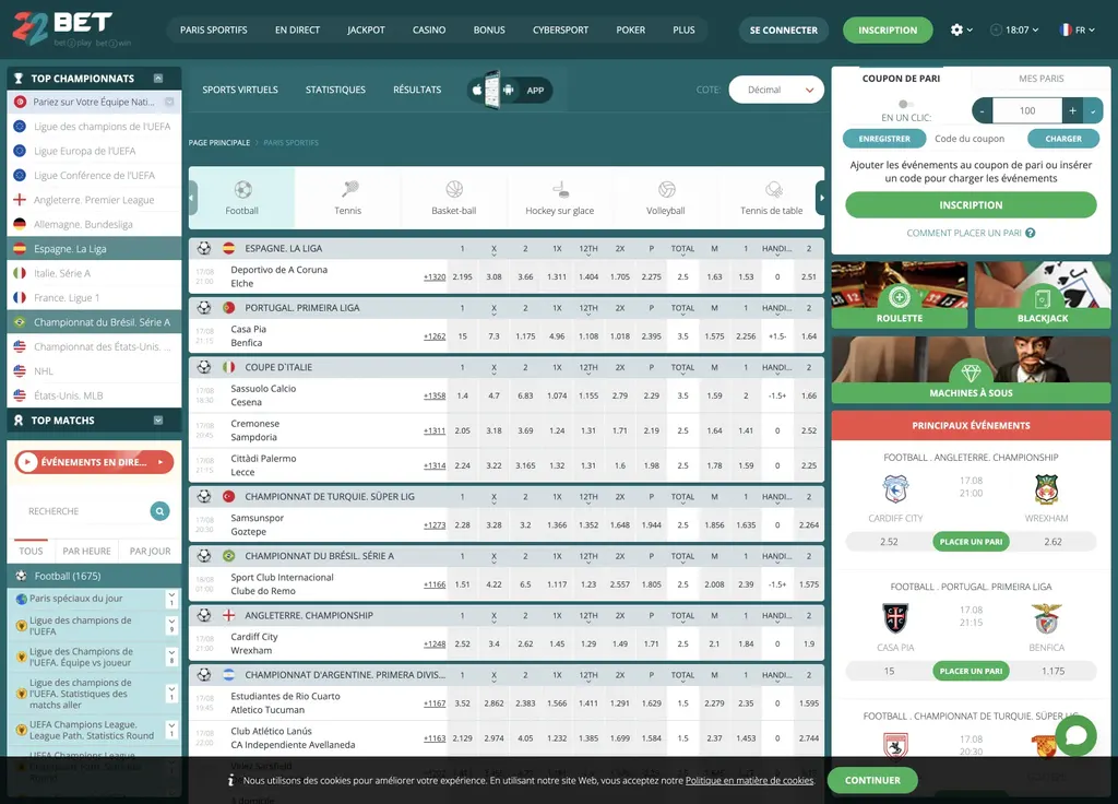 Cotes des matchs de football sur 22bet