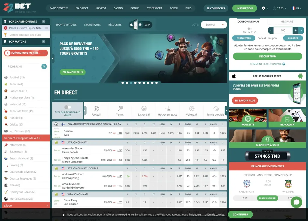 Page d'accueil de 22bet, site de paris sportifs disponible en Afrique