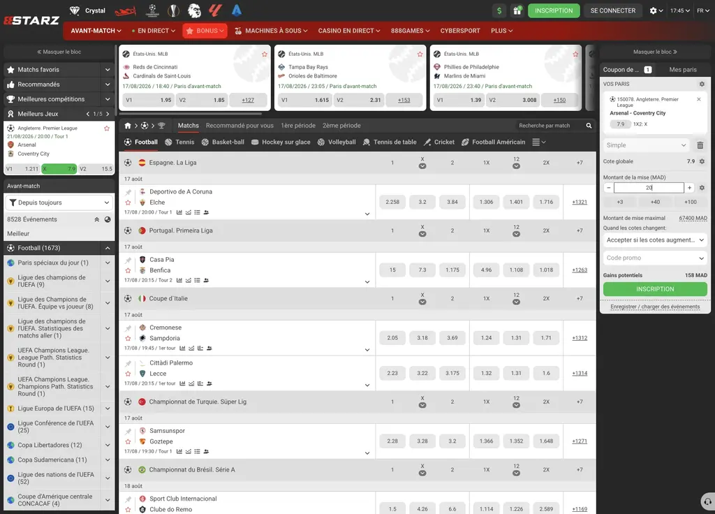 Cotes des matchs de football sur 888starz