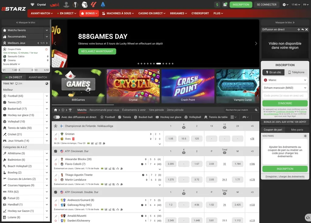 Page d'accueil de 888starz, site de paris sportifs disponible en Afrique