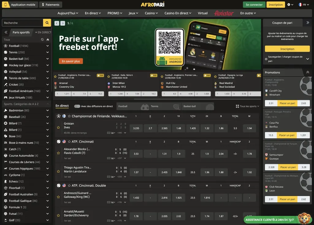 Page d'accueil de Afropari, site de paris sportifs disponible en Afrique