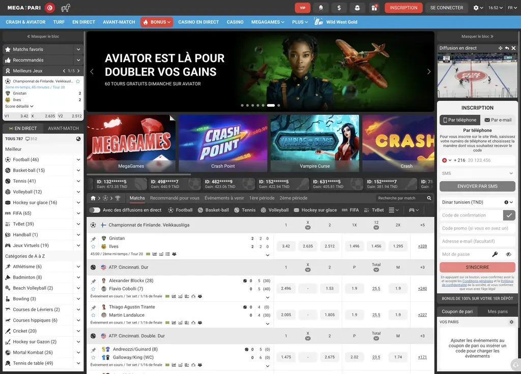 Page d'accueil de Megapari, site de paris sportifs disponible en Afrique