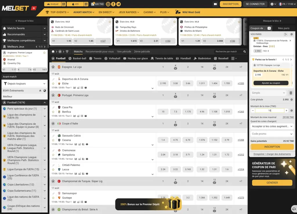 Cotes des matchs de football sur Melbet