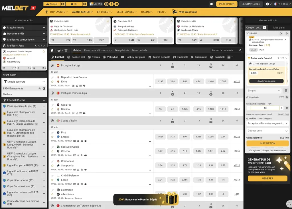 Page d'accueil de Melbet, site de paris sportifs disponible en Afrique