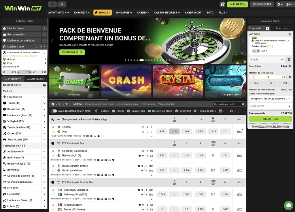 Page d'accueil de WinWin, site de paris sportifs disponible en Afrique